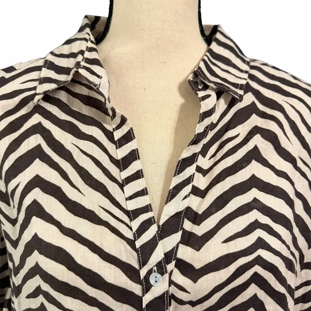 Tahari Wmn Cream Zebra Print 100% Linen Lagenlook Roll Tab Sleeve Tunic Top Sz L - Picture 1 of 5